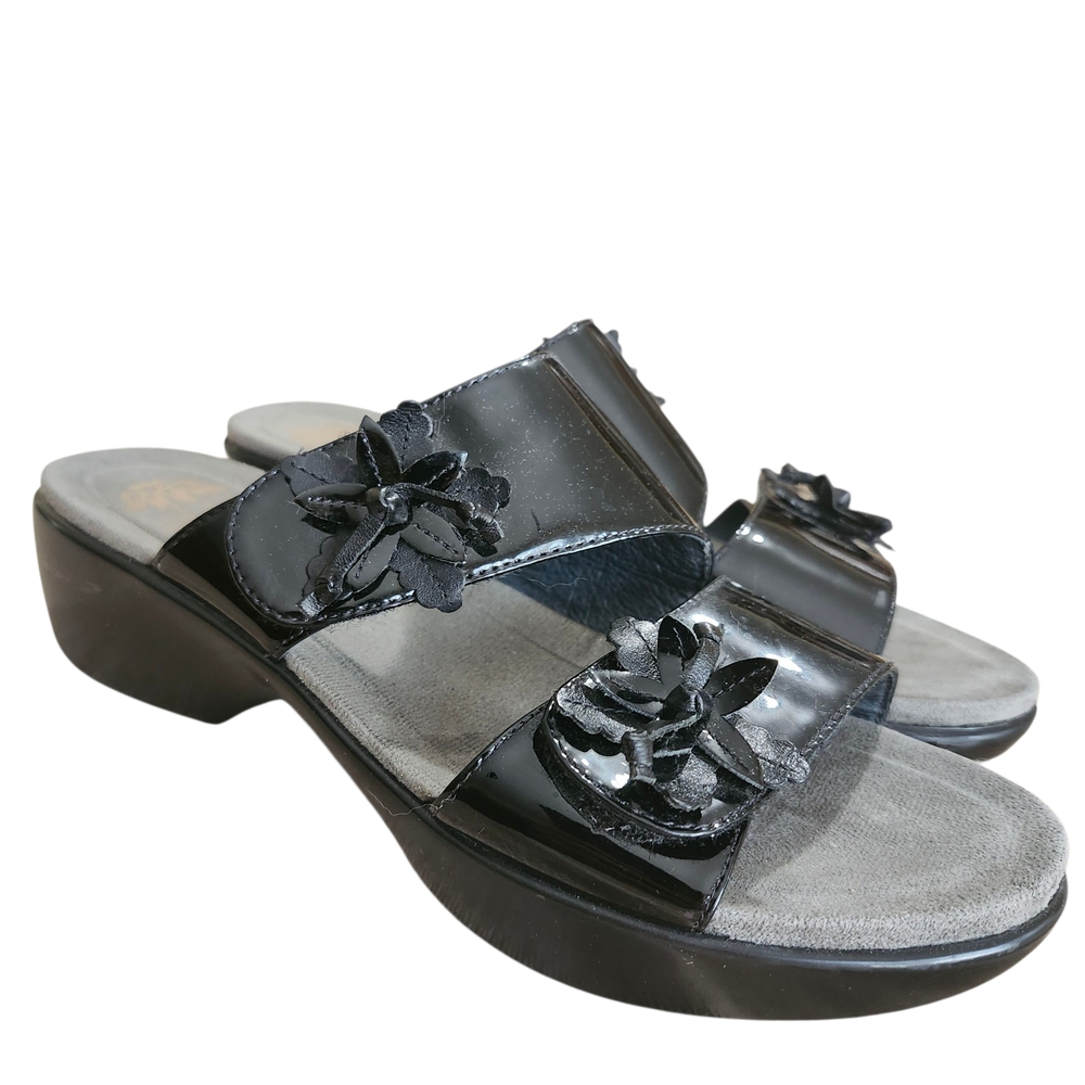 Dansko Black Patent Leather Floral Slide Sandals